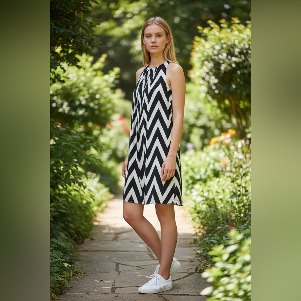 Geometric Chevron Stripe Dress - Black/White A-Line Style
